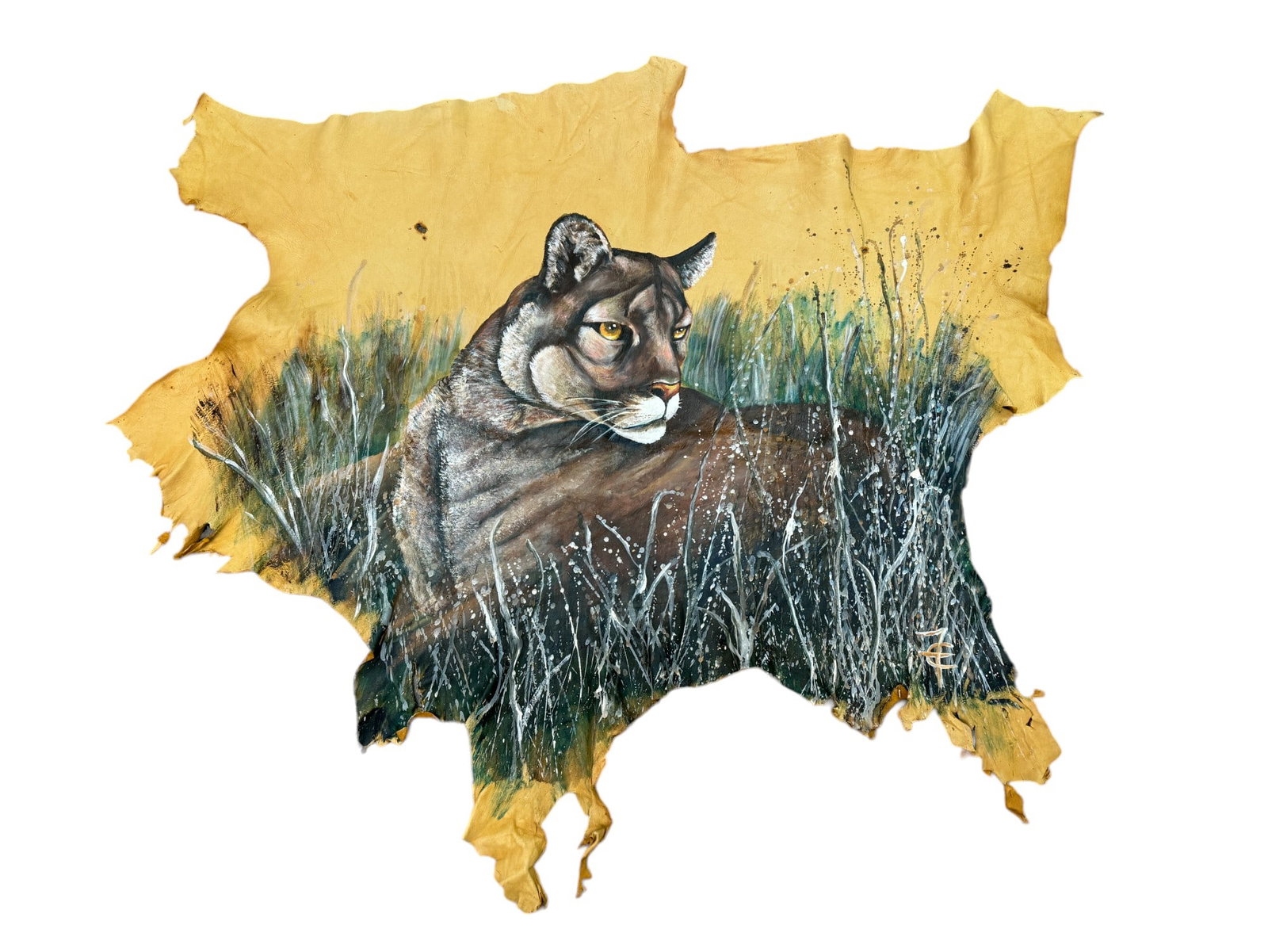 Cougar Painting on Rawhide Signed (1 of 3)