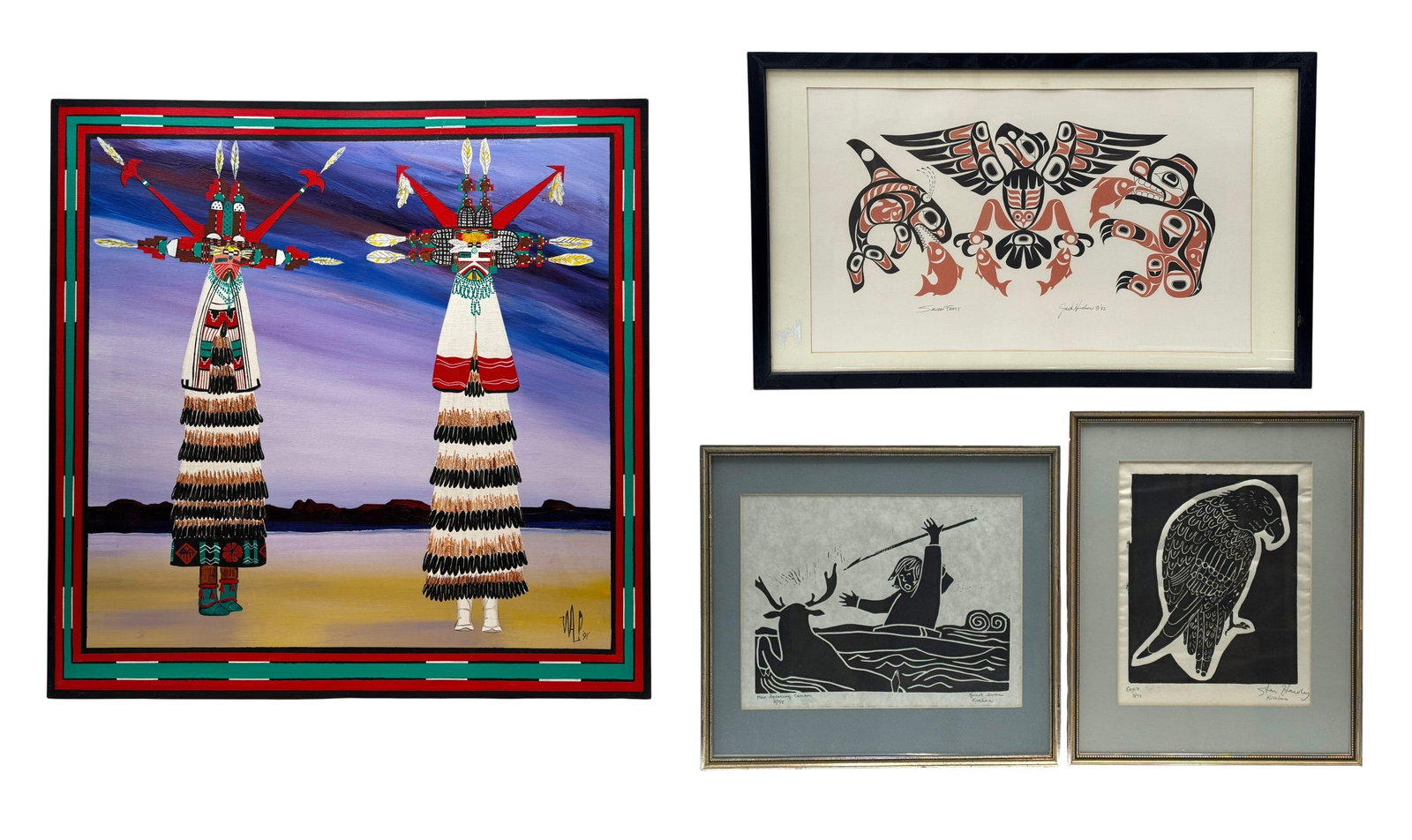 (Lot of 4) Native American paintings: Hopi Oil on Canvas "Salako Mana" by Warren Leenerts. Titled, dated and signed on verso. Dimension 30" x 30" , Lot of 2 Inuit Lithographs "Man Spearing Carabou" and Eagle" Signed Larger frame 17" x 15"