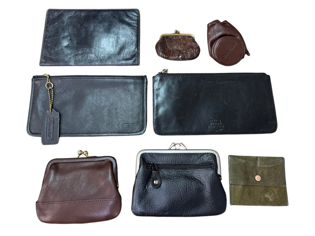 (Lot of 8) Vintage Leather Coin Purses and Organizer: (Lot of 8) Vintage Leather Coin Purses and Organizer. Include brand Bottega Veneta, Coach, Magnin, Pelle Studio, Simon and Luthansa.