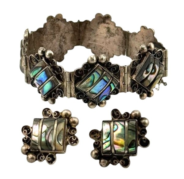 Vintage Taxco Sterling Silver and Iridescent Abalone Panel with Matching Earrings: Vintage Taxco Sterling Silver and Iridescent Abalone Panel with Matching Earrings. Total weight 50.19 grams