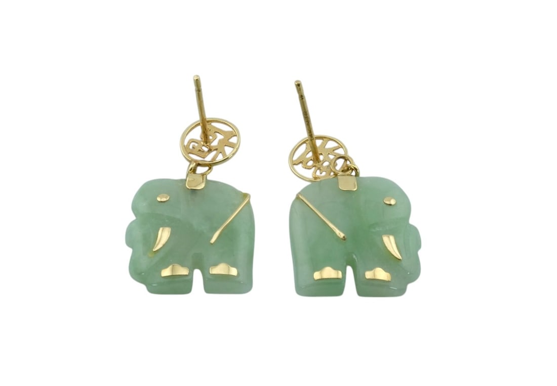 14Kt Yellow Gold Jade Elephant Earrings: 14K Yellow Gold Jade Elephant Earrings