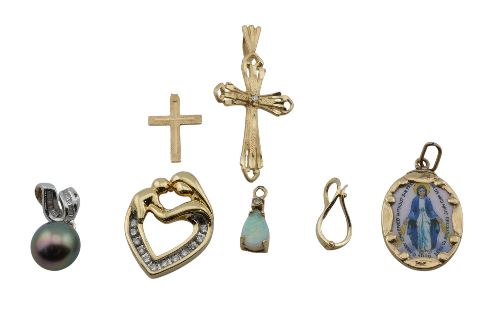 Collection of 14K & 18K Gold, Diamond, Pearl and Opal Pendants: Collection of 14K & 18K Gold, Diamond, Pearl and Opal Pendants. Condition: small cross has damage. Total weight 9.66 grams.
