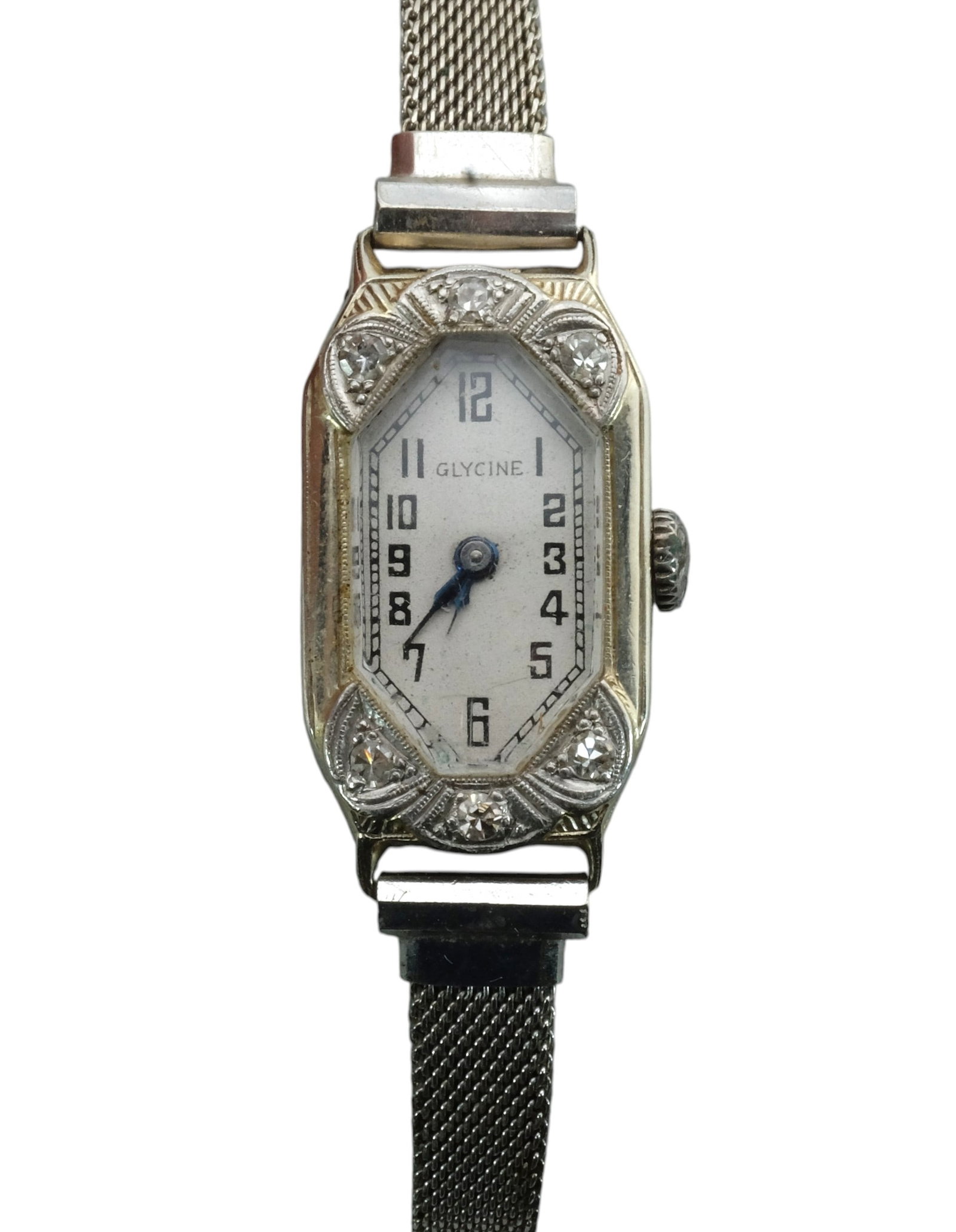 Glycine 18K and Platinum Art Deco Watch.: Glycine 18K and Platinum Art Deco Watch. Quartz movement Rhonda Caliber 751. Band is 1/20 12K Gold Filled. Condtion: currently not running.