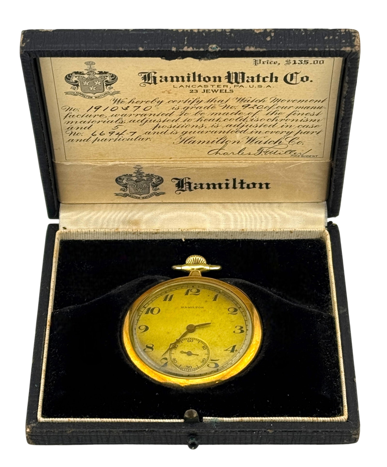 Rare 1922 Hamilton 14 Kt Grade 920 with Original Box and Paper: Rare 1922 Hamilton 14 Kt Grade 920 with Original Box and Paper. Only 14,600 total production, size 12S, 23 Jewels, movement # 1910370. Total weight 68.39 grams. Condition: Currently not running, loss