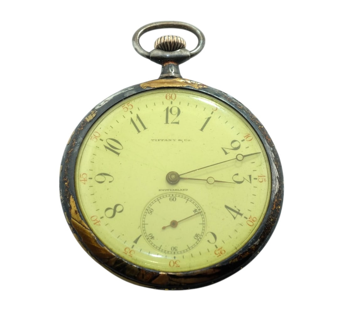 Longines for Tiffany and Co Niello Floral Motif Open Face Sterling Silver Case: Longines for Tiffany and Co Niello Floral Motif Open Face Sterling Silver Case. 15 Jewels, case and movement with matching serial #2272176. Case is 45mm. Weight 51 Grams. Condition: Currently not