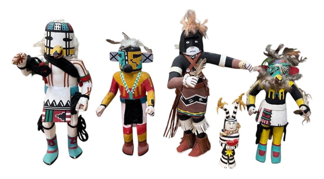 (Lot of 5) Native American Indian Hopi Kachinas Two Signed: (Lot of 5) Native American Indian Hopi Kachinas Two Signed by B. Talas and R. Koshari. Largest Kachina 11" Tall. Condition: Some paint loss and repairs.