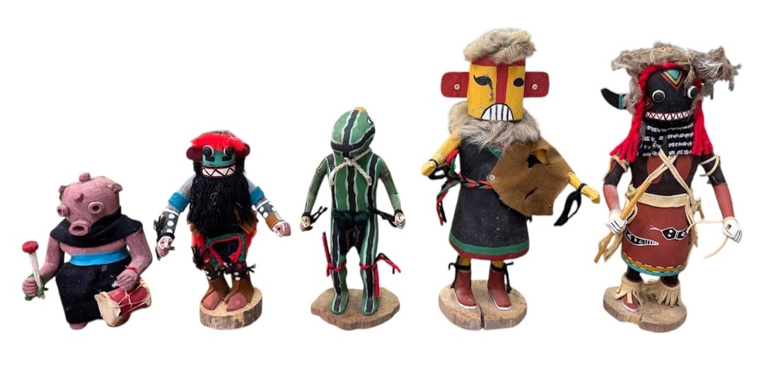 (Lot of 5) Hopi Native American Indian Kachinas Four Signed: (Lot of 5) Hopi Native American Indian Kachinas Four Signed. Include Blue-Face Whipper by Esther Jackson, Squash and Broadface by Loretta Multine, Yellow Hebeya by M. Long and Unsigned Kneeling Mudhea