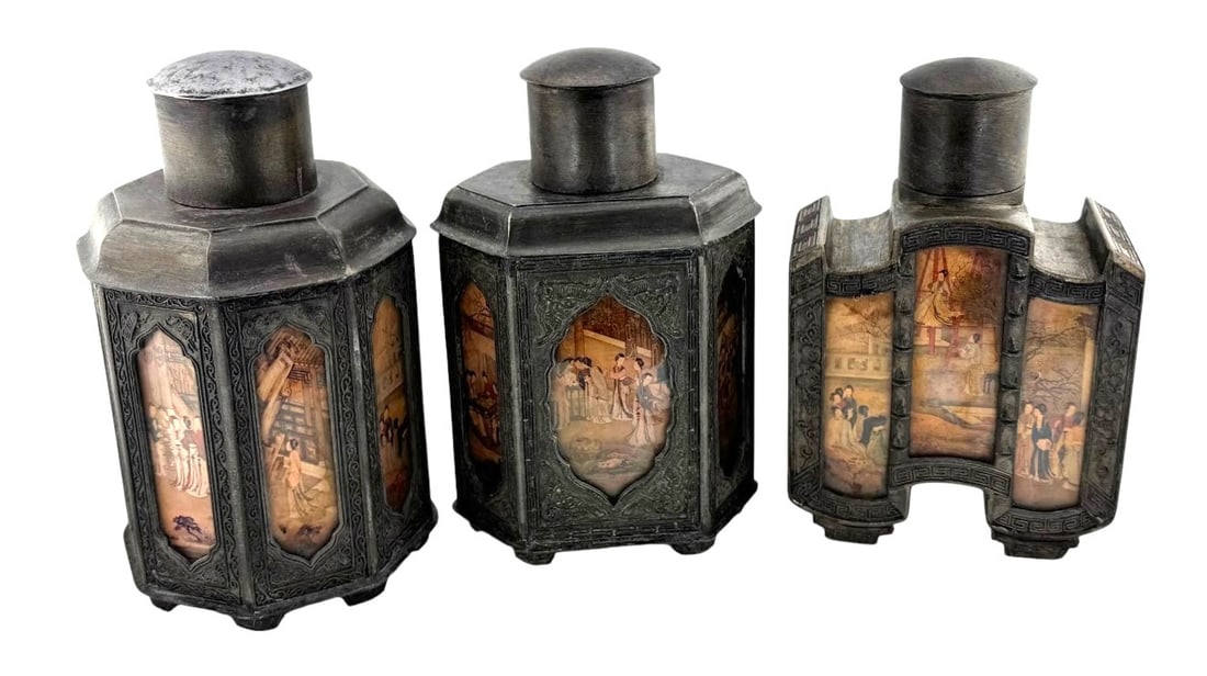 (Lot of 3) Chinese Shantou Pewter Tea Caddies with Reverse Painted Glass Panels C. 1900 (1 of 3)