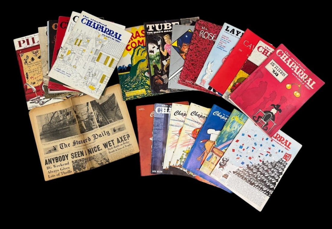 Vintage Stanford University Magazines, Programs and Newspaper (Lot of 24): The Chapparral 1960-1961 humor/satire magazines (17); "Layboy" May '61, "The Tube" April '59, "Crash Comics" June '59; football programs (3) and Stanford Daily 11-20-59 "Theft of the Axe." Dimensions 