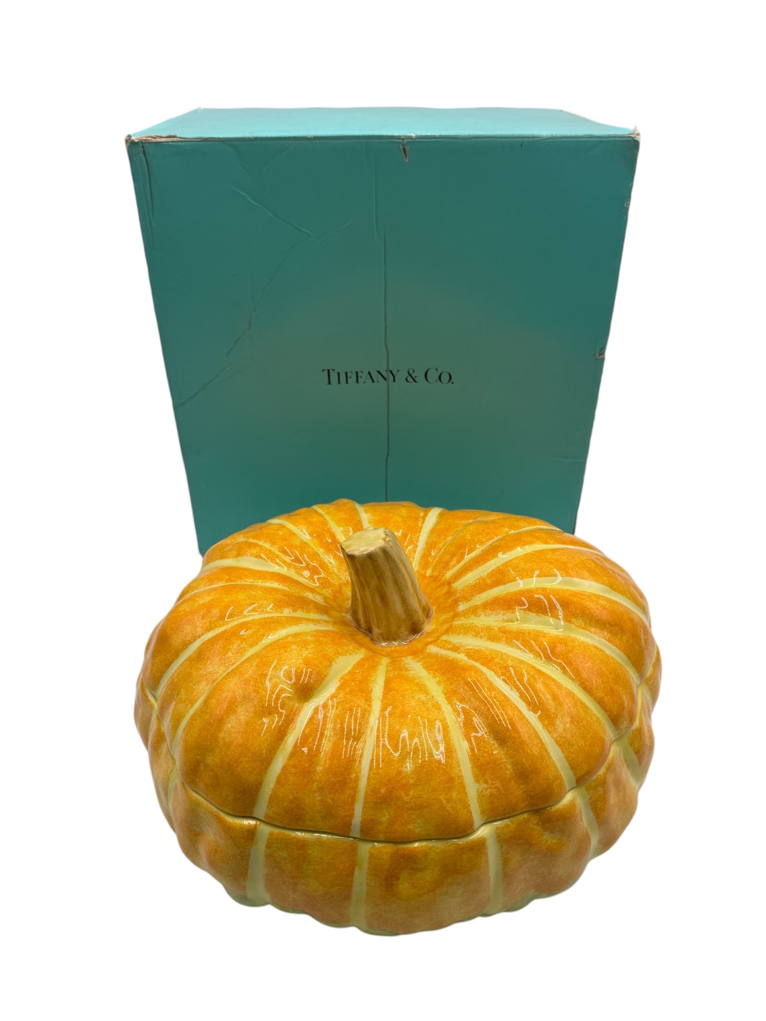 Tiffany and Co. Ceramic Pumpkin Tureen with Box: Tiffany and Co. Ceramic Pumpkin Tureen marked Este Ceramiche Porcellane underside, made in Italy, exclusively for Tiffany and Co. Comes with 13" x 8" x 13" j/m