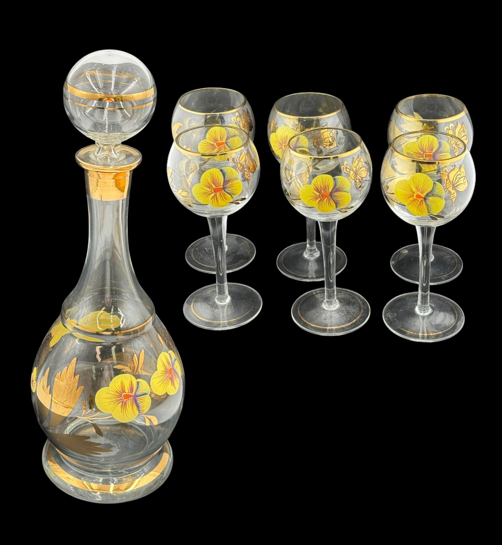 Vintage Romanian Hand-Painted Decanter & Wine Glass Butterfly Floral Gold Set of 6: Vintage Romanian Hand-Painted Decanter & Wine Glass Butterfly Floral Gold Set of 6. Dimension decanter 15" Tall. A/R