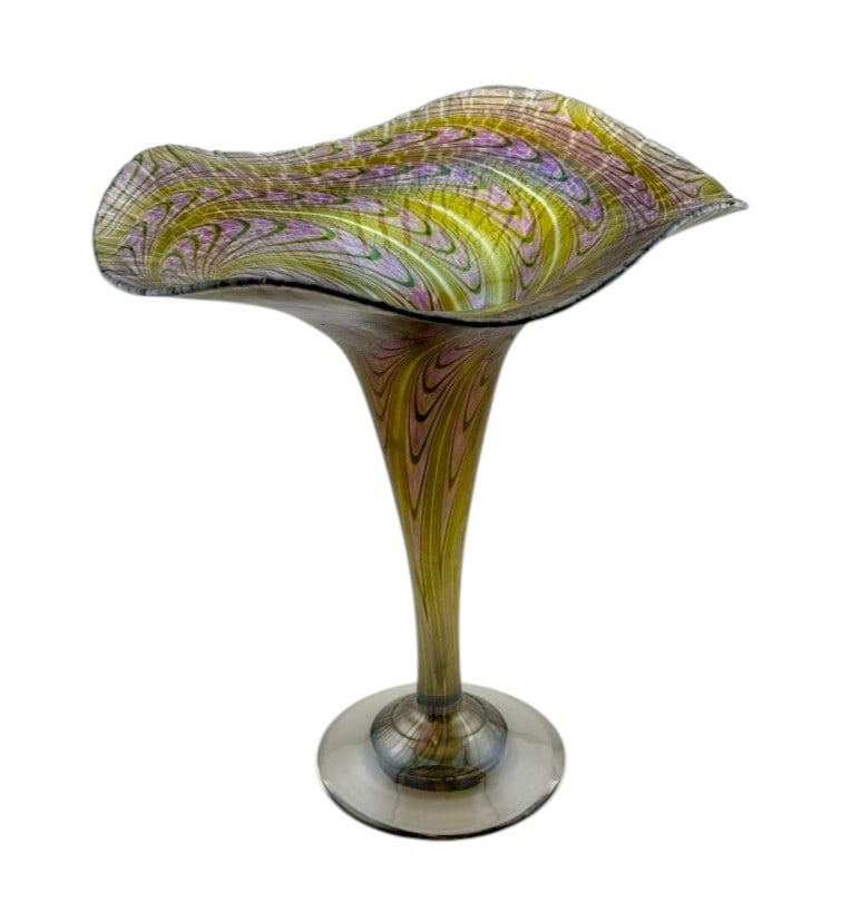 Robert Held Ruffled Trumpet Vase: Robert Held Art Glass (RHAG) iridescent Ruffled Trumpet Vase with Art Nouveau-style pulled feather design, signed. Dimensions: 9.25" x 8.25"