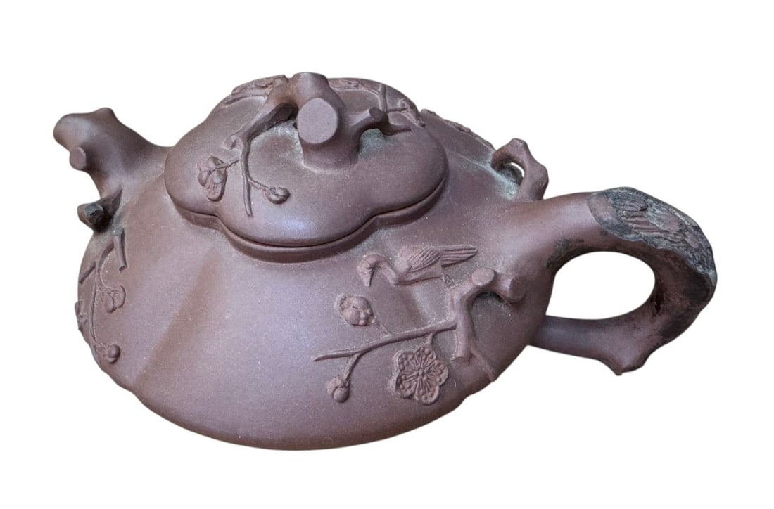Chinese Yixing Zisha Clay Handmade Teapot: Chinese Yixing Zisha Clay Handmade Teapot. Condition: small losses on branches, see picture. Dimension 8" x 3" x 6" A/R