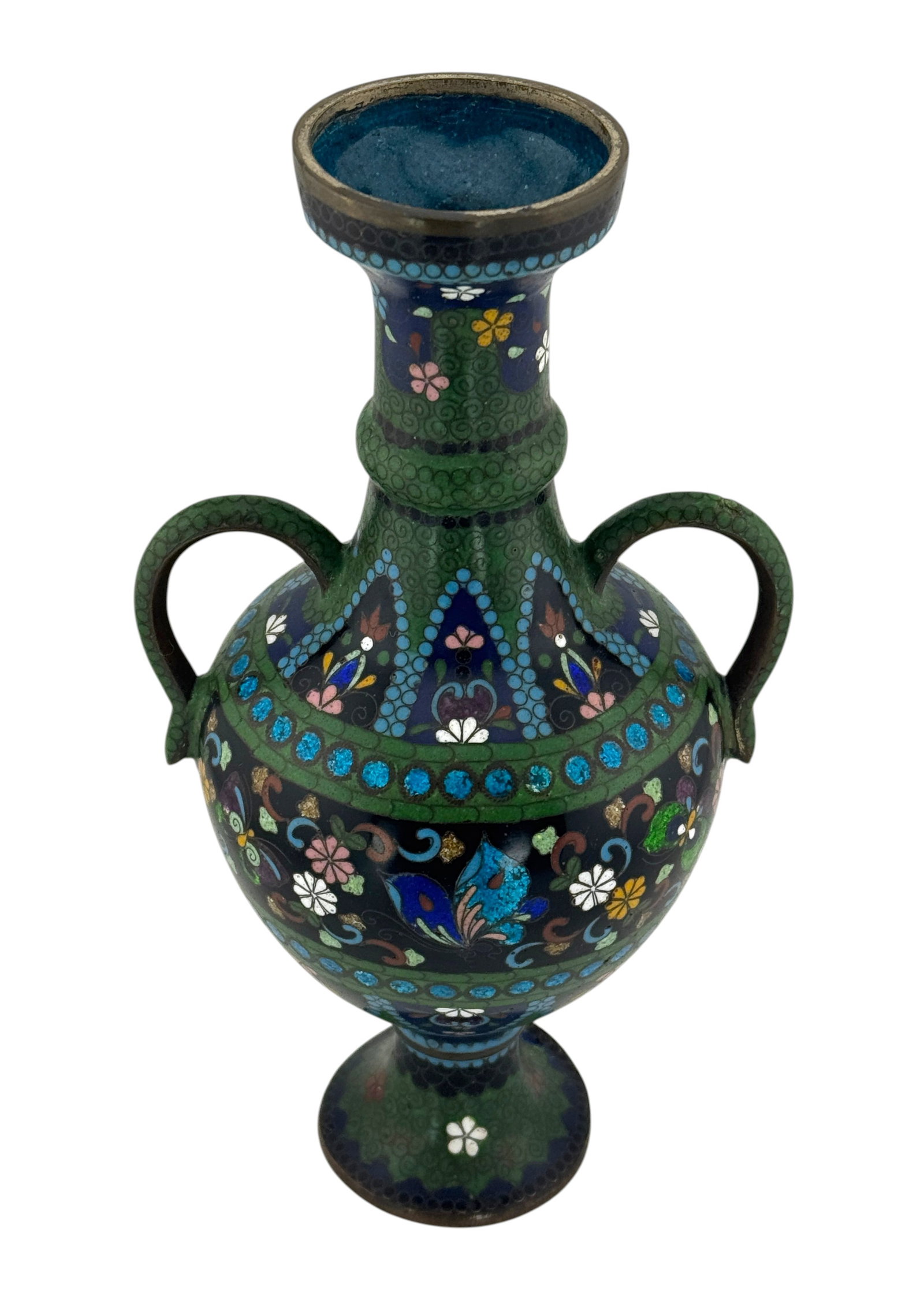 Antique Japanese Meiji Era Cloisonne Enamel Vase: Lovely Antique Japanese Meiji Era (1868-1912) Cloisonne amphora-style vase with floral and butterfly motif and aventurine glass. Condition: Overall vibrant enamel colors and well preserved wirework, m