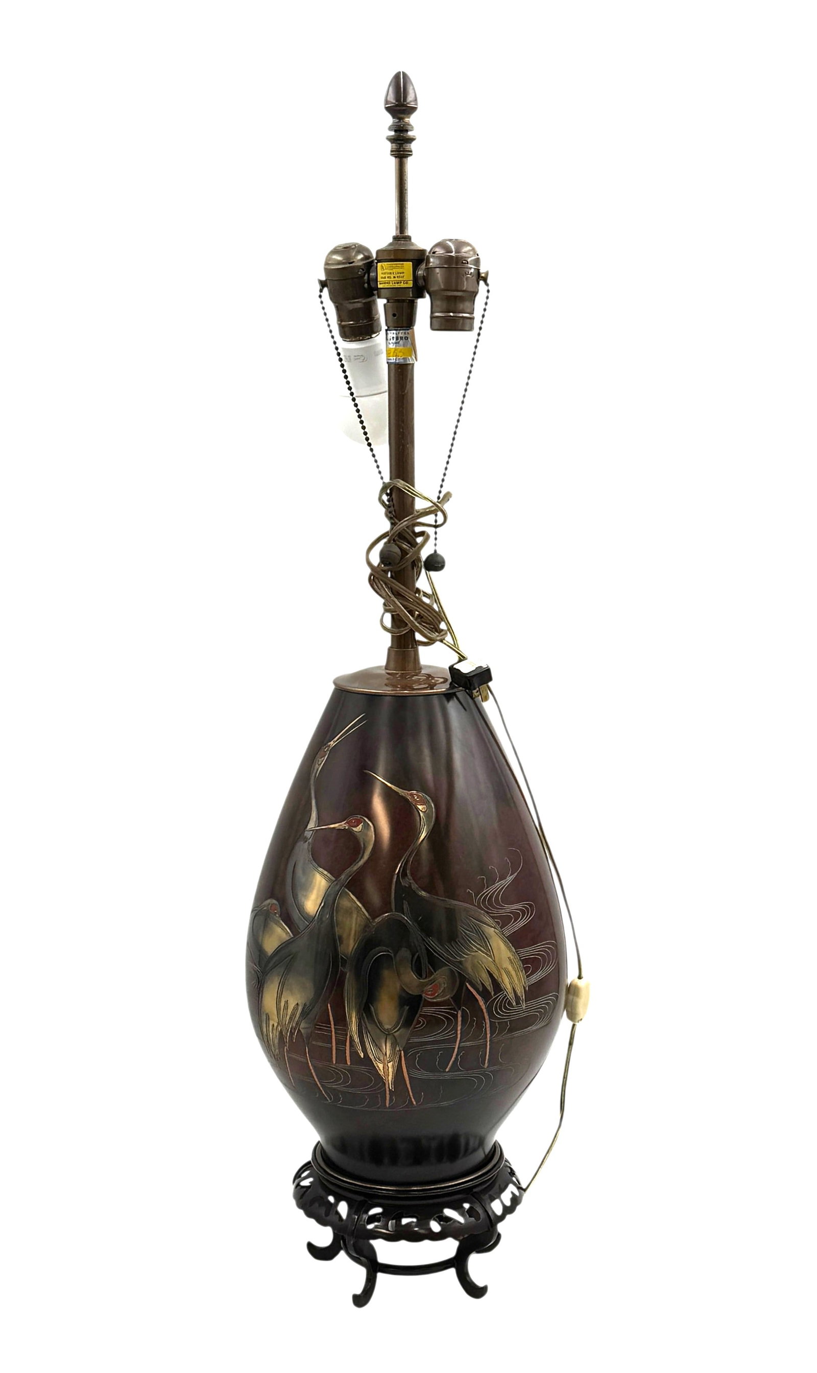 Antique Meiji Japanese Oriental Brass Bronze Crane Vase Lamp with Shade: Antique Meiji Japanese Oriental Brass Bronze Crane Vase Lamp with Shade. Height to top of fenial is 34." j/m