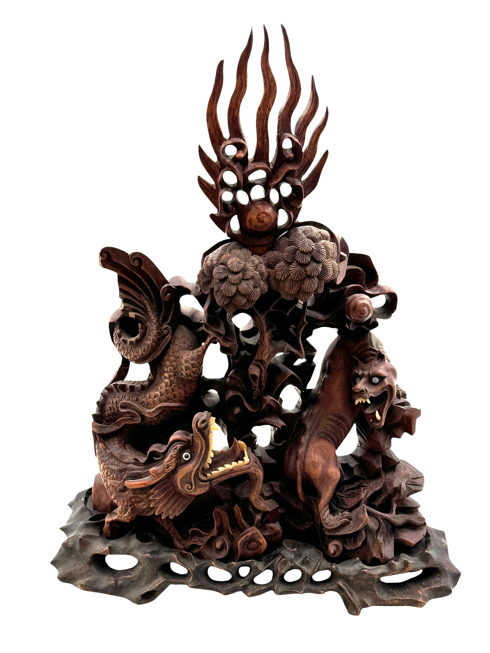 Chinese Hardwood Carving Depicting a Dragon and a Mythical Beast on Wooden Stand (1 of 4)
