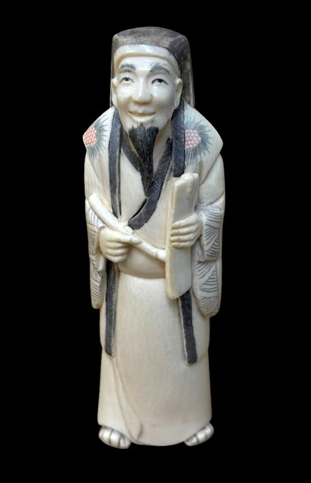Antique Japanese Carved Polychrome Okimono Figure of Bearded Sage (1 of 3)