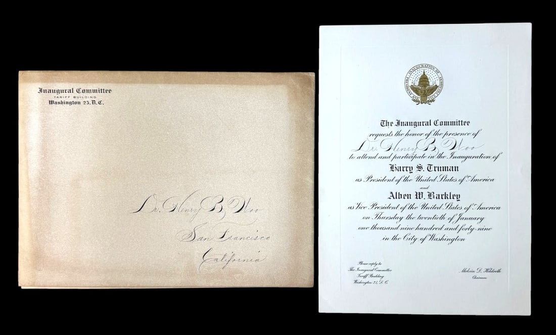 1949 Harry S. Truman Presidential Inauguration Invitation Presented to Dr. Henry B. Woo: Engraved invitation on card stock embossed with the inauguration seal requesting the presence of Dr. Henry B. Woo to attend and participate in the Inauguration of Harry S. Truman as President and Albe
