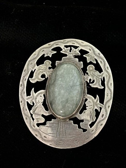 Silver Antique Brooch with Malachite Stone (1 of 2)