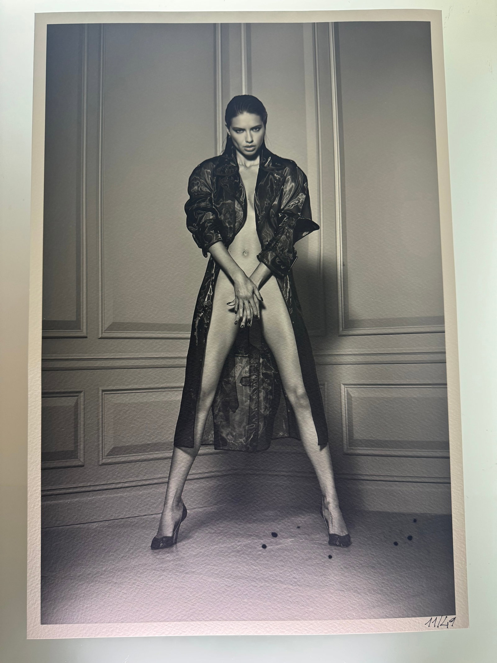 Russel James - Adriana Lima, in trench coat, 2016 - Signed by Russel James: 41x33 - on baryta paper - signed on the verseit has some ink spots on the front cause teh sign on the verse