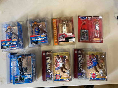 BASKETBALL-McFarlane, Ertl, Hasbro, Mattell: 6 NBA McFarlane Toys Action Figures, 1 Kenner Action Figure w/card 2 Michael Jordan Matchbox Collectibles 1 Ertl Collectibles Atlanta Hawks Tip-Off Collection Die Cast Metal Bank 4 Hasbro Action