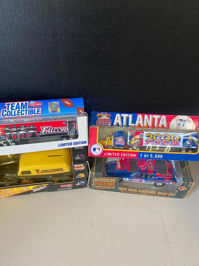 Misc. Sport Team Items: Several Sport Team Cars and other items, action figures, and more, see photos.