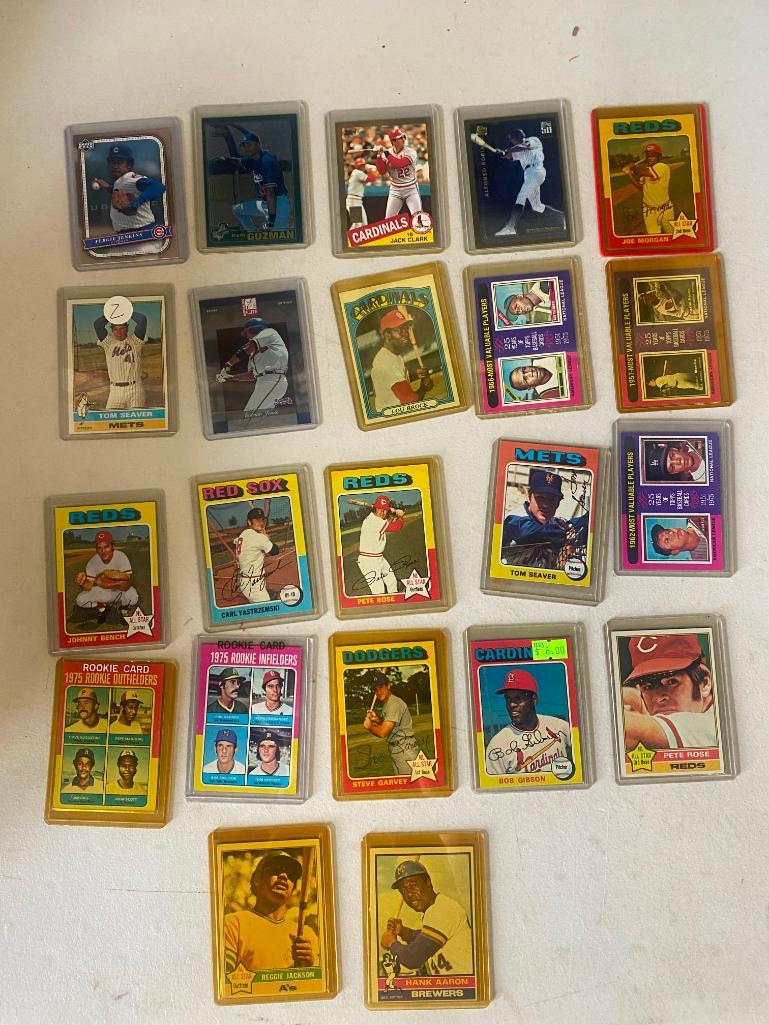 MLB Trading Cards, incl. Pete Rose, Reggie Jackson, Hank Aaron: Selection of MLB trading cards including Reggie Jackson, Pete Rose, Hank Aaron and more! See photos for all cards included.