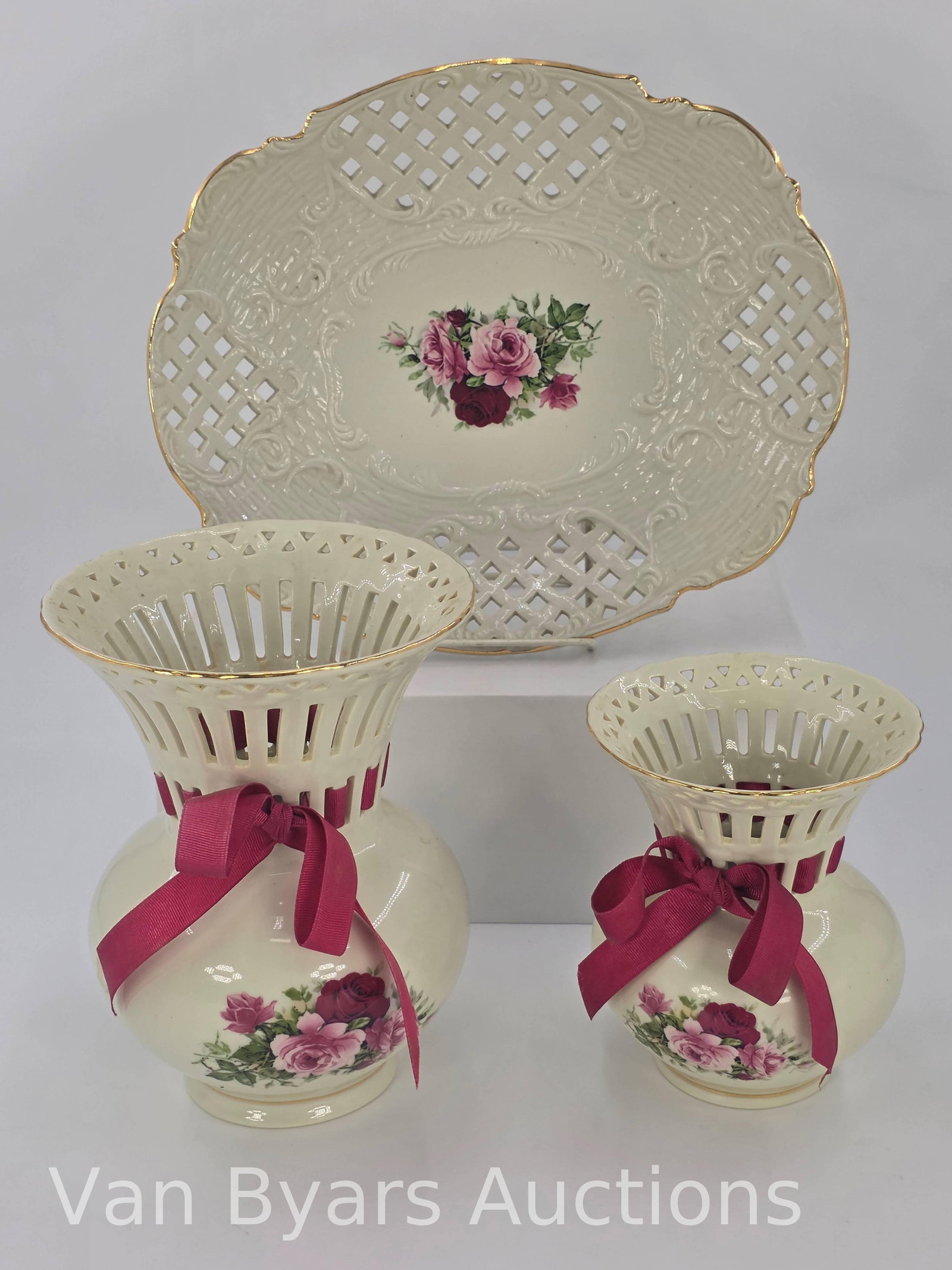 Baum. Bros. Formalities Pierced Rose Vases and Platter, INV. 2003: 11 3/4" dia. of platter. Approx. 9 5/8" height of tallest vase. 4 pieces With markings.