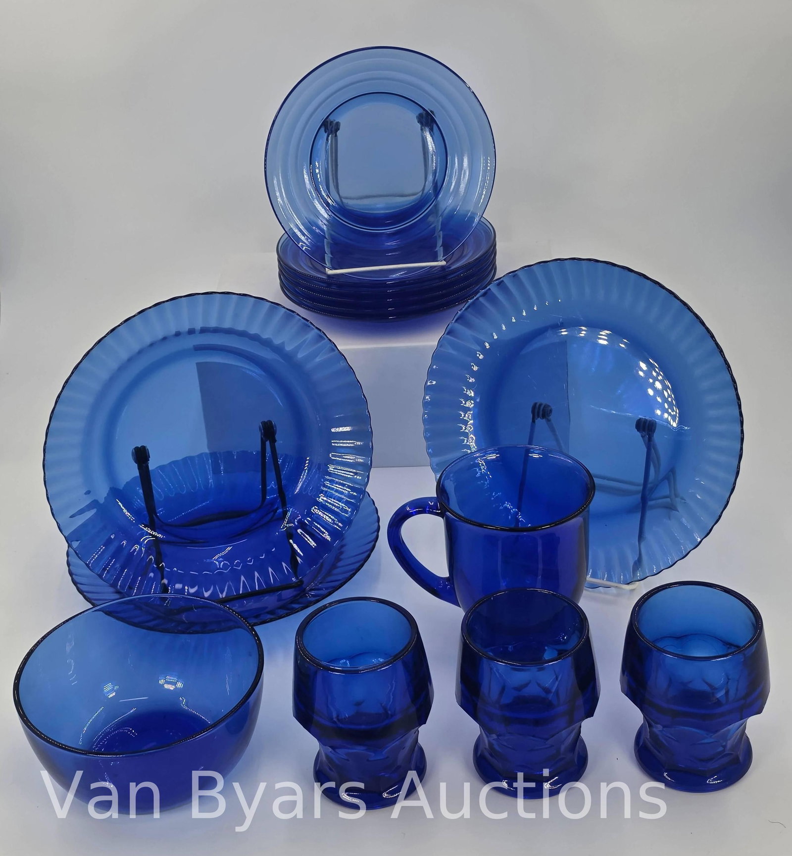 Cobalt Blue Assorted Items, 14 Pieces, INV. 2007: Including 3 Viking Glass Georgian Cobalt Blue Tumblers. 8 7/8" dia. of plate. 8 3/4" dia. bowls 6 7/8" dia. bread plates 4" height of tumblers.
