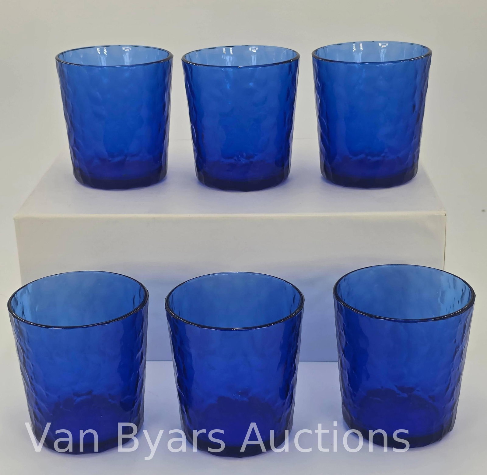 6 Arcoroc Cobalt Blue Tumbers, INV. 2008: 3 1/2" height. With markings.