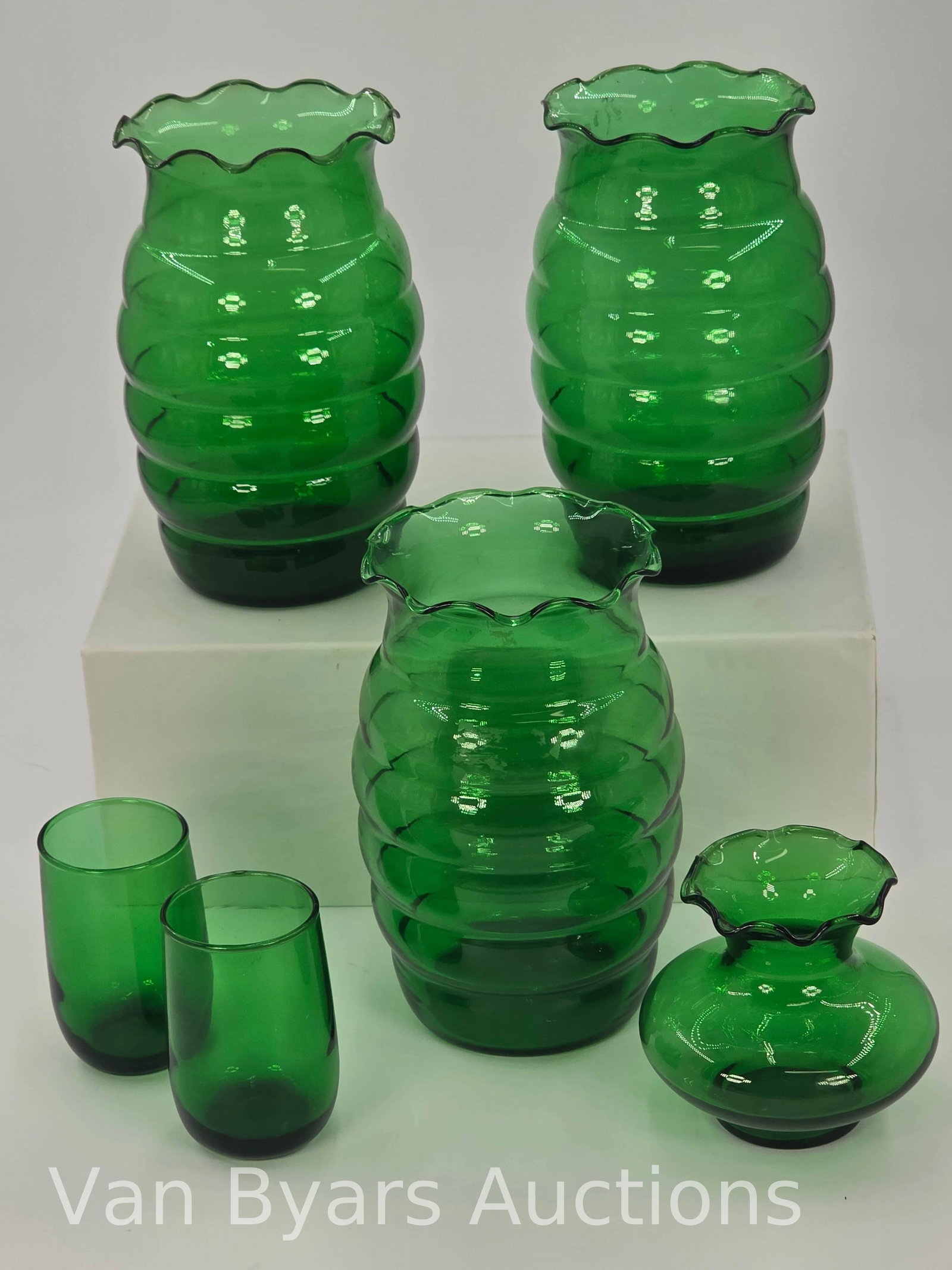 Forest Green Assorted Items, 6 Pieces, INV. 2009: 6 3/4" height of beehive vase.