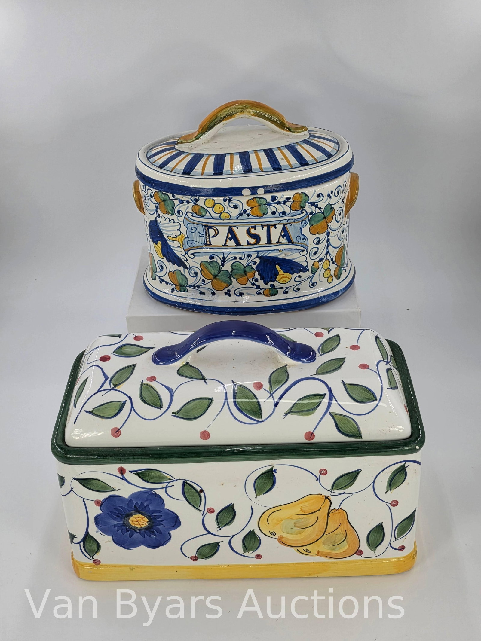 Italian Pasta Bowl and Royal Norfolk Bread Container, INV. 2011: Approx 9" height of pasta bowl to top of lid. Approx. 9 1/2" height of bread container to top of lid.