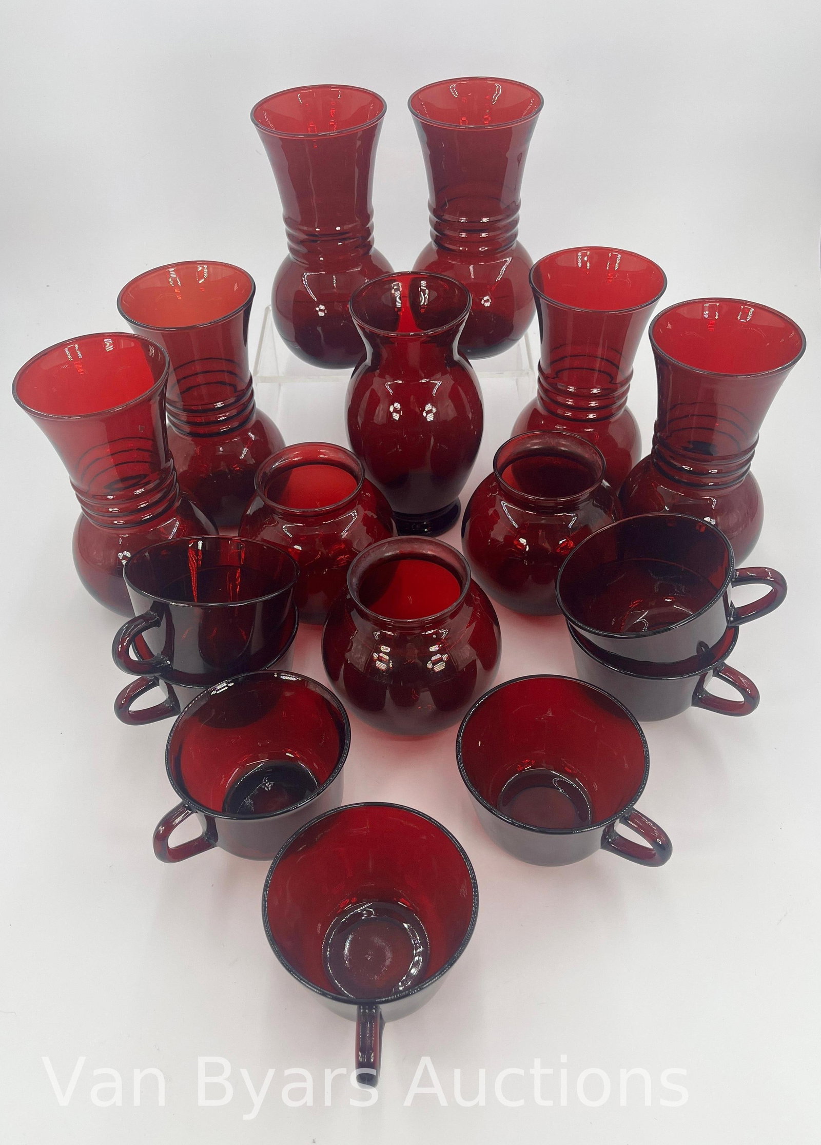 Ruby Red Assorted Vintage Items, INV. 2014: Approx. height of tallest vase 6 1/2".