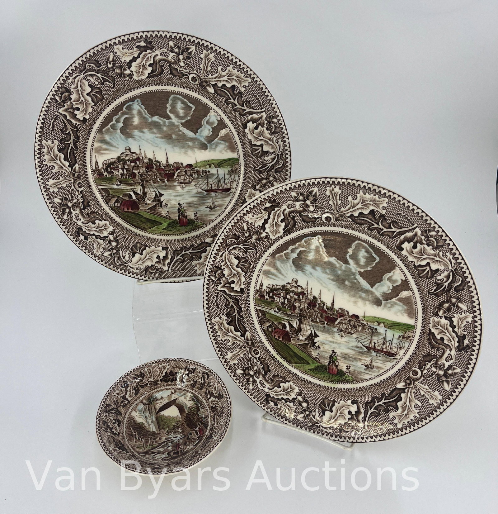 Johnson Bros. Historic America Collection Items, INV. 2015: Includes 2 Massachusetts plates and 1 Virginia bowl. Approx. plate dia. 10 1/8". Chips to rim of plates With marking.