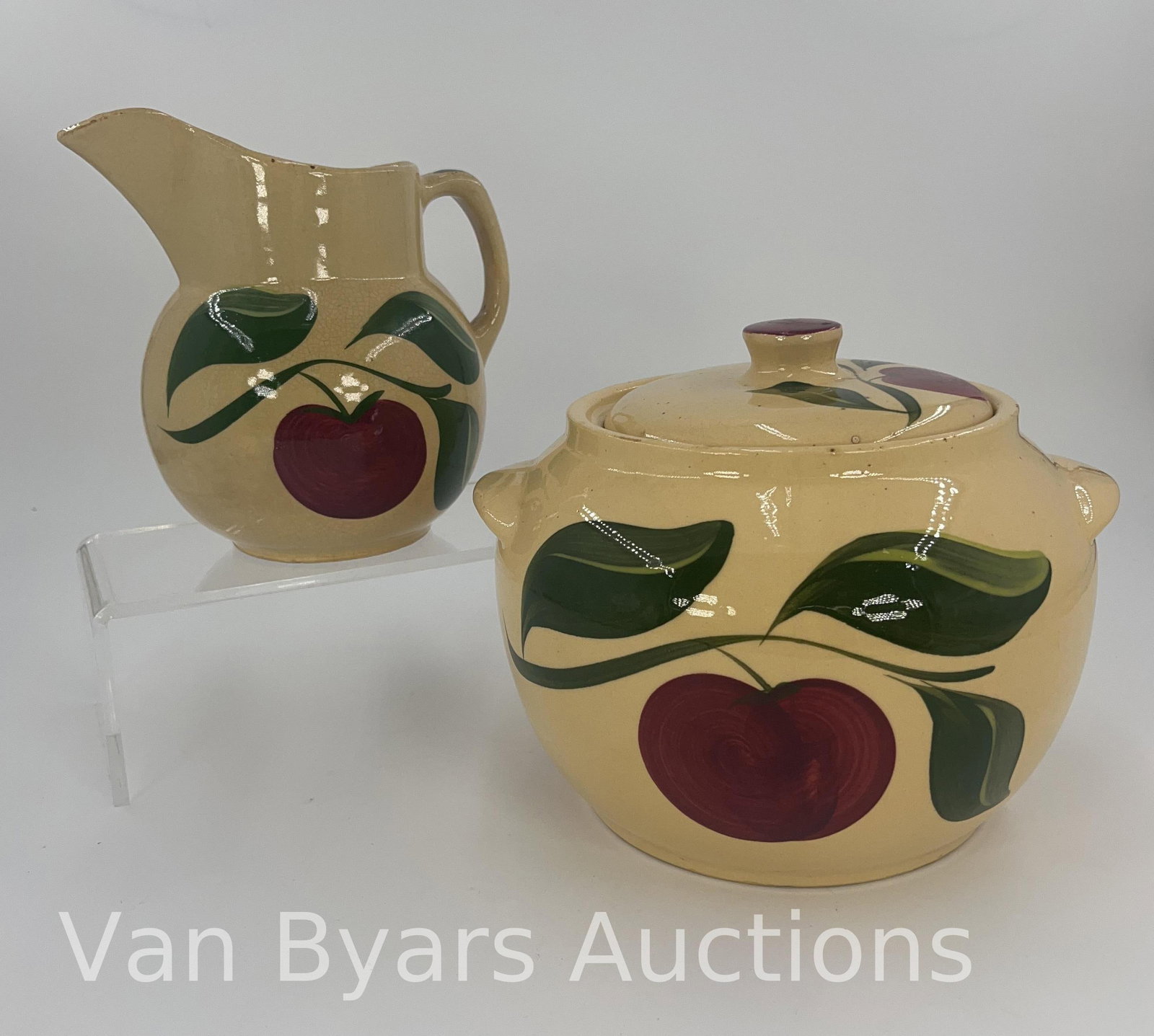 Watt Pottery Apple Pattern Pitcher and Jar, INV. 2016 (1 of 5)