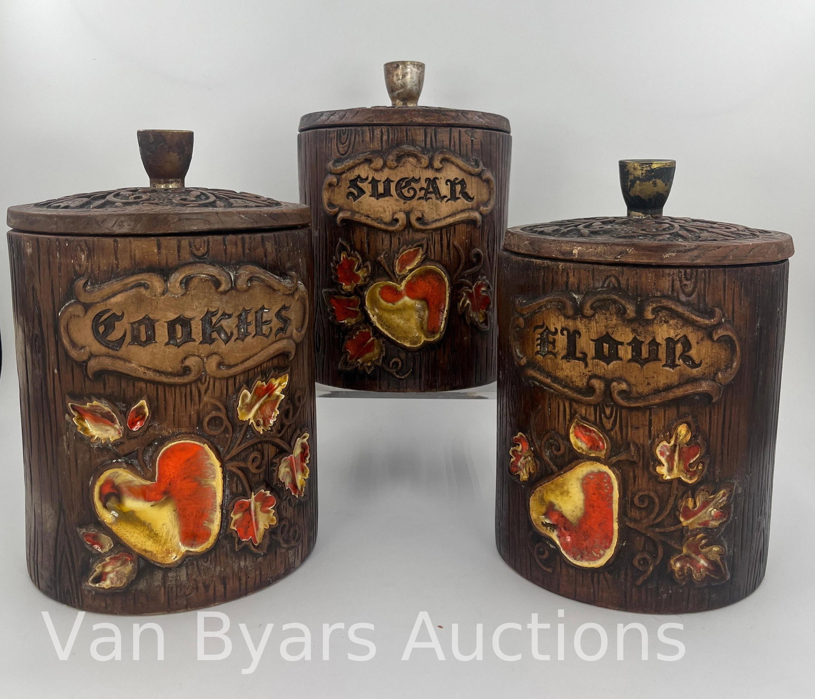 Treasure Craft Canister Set, INV. 2019: With chip to front of sugar canister. With marking. Approx. height of tallest 10 1/8"