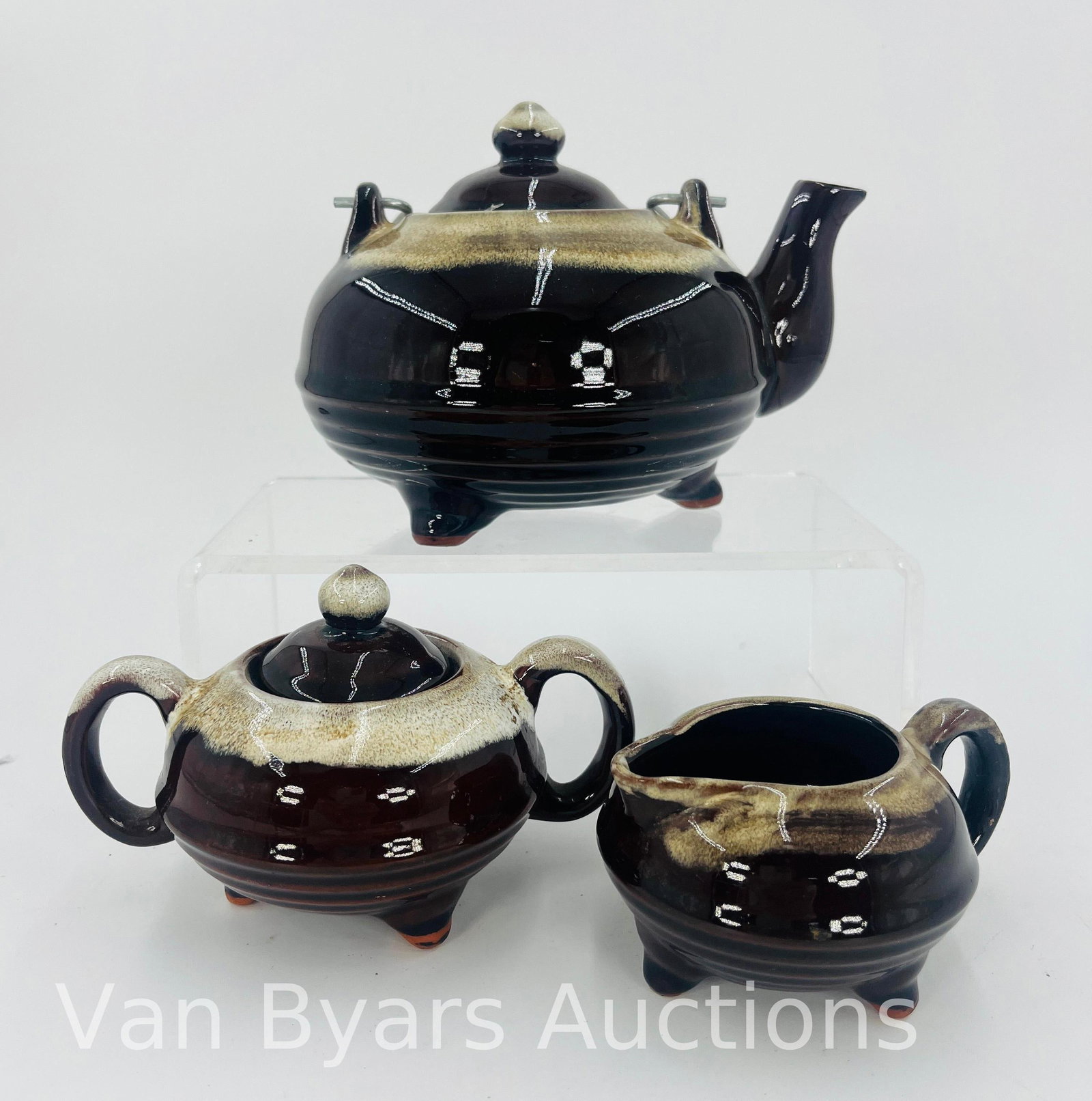 Three-Piece Tea Set Brown and Drip Glaze Pattern, Japan, INV. 2021: Approx. height of tea kettle to top of lid 5". With marking.