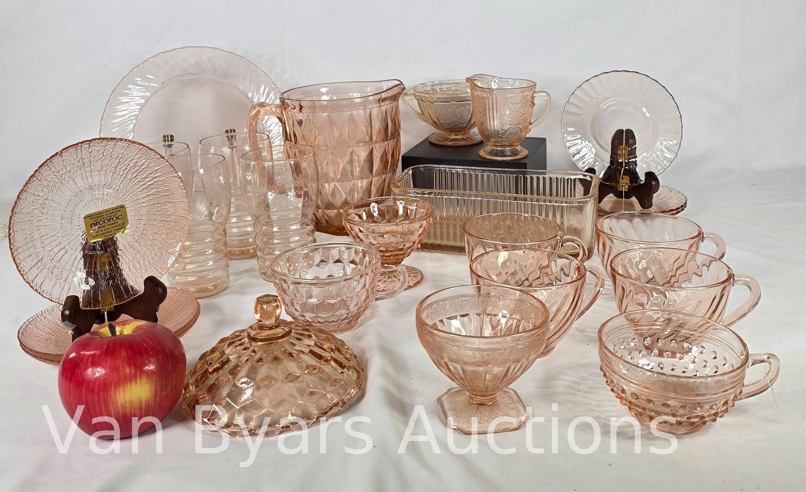 Assorted Vintage Pink Glass, 24 pieces, INV. 2028: Arcoroc, MacBeth Evans, Mayfair, Jeanette Windsor Diamond, and more.