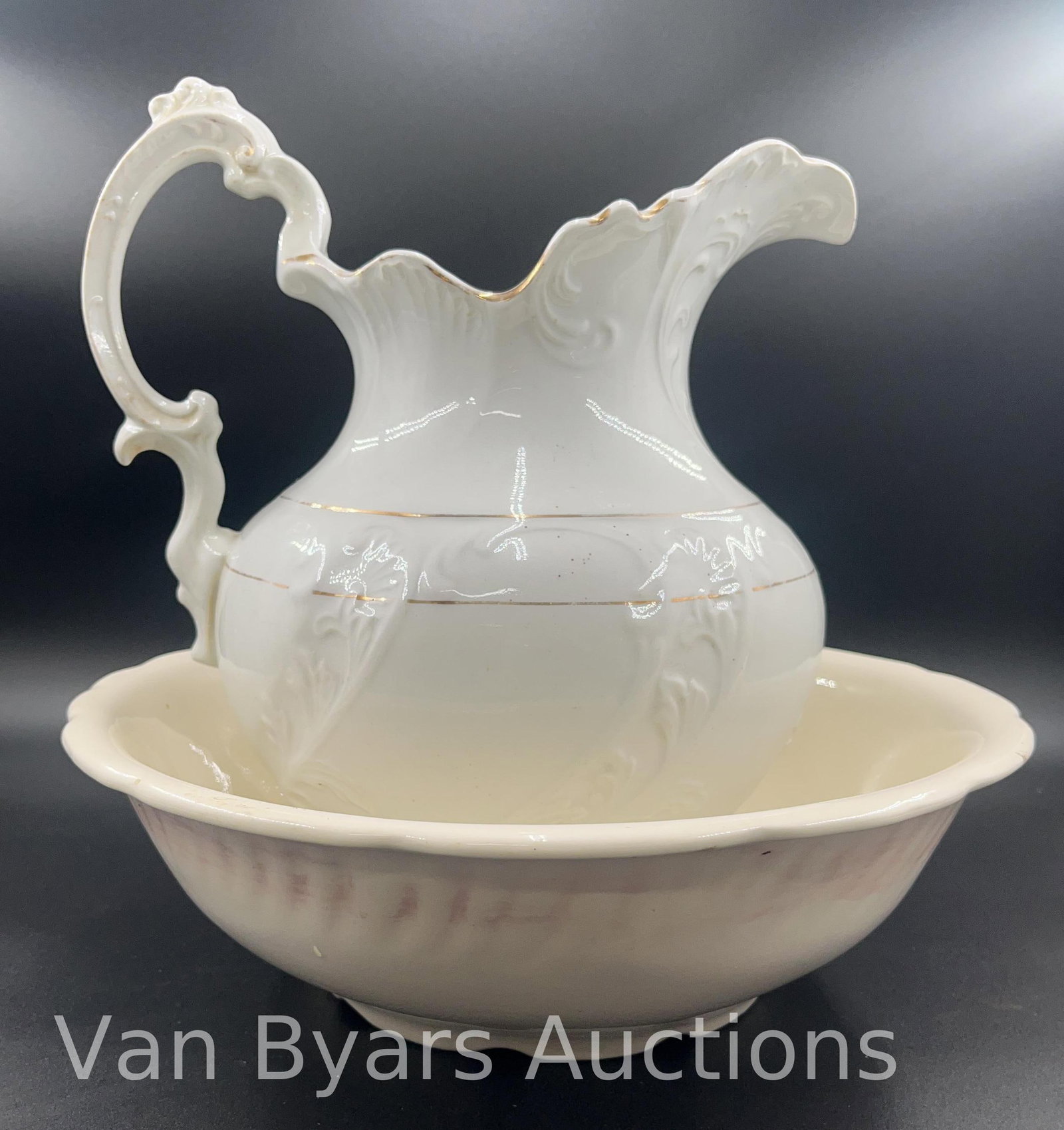 Etruria Mellor & Co. White Pitcher, and wash basin, INV. 2108: Approx. height of pitcher 11 3/4" to top of handle. Both with marking, different makers.