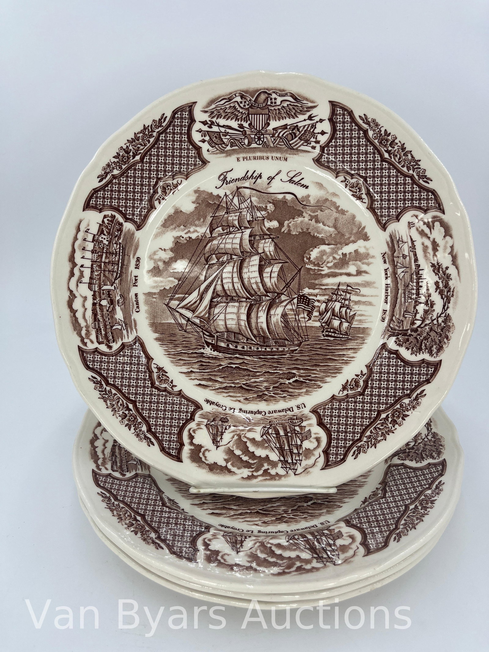 Alfred Meakin Staffordshire England Fair Winds Set of 4 Plates, INV. 2110: Approx. dia. 10 5/8". With marking.
