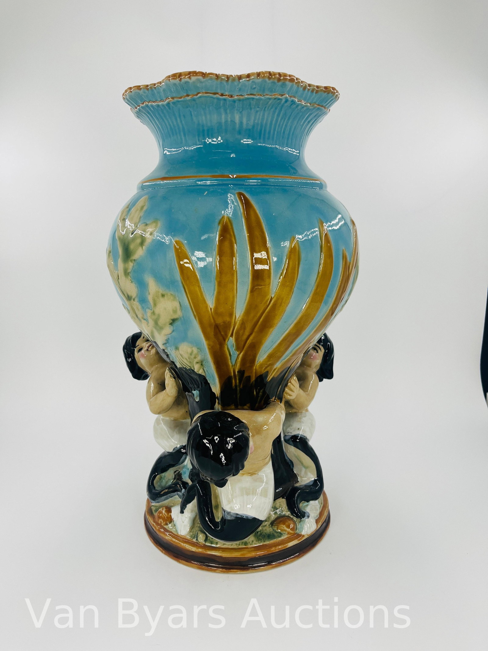 Style of Minton Majolica Marine Vase, INV. 2112: Approx. height 15 1/2". With marking.