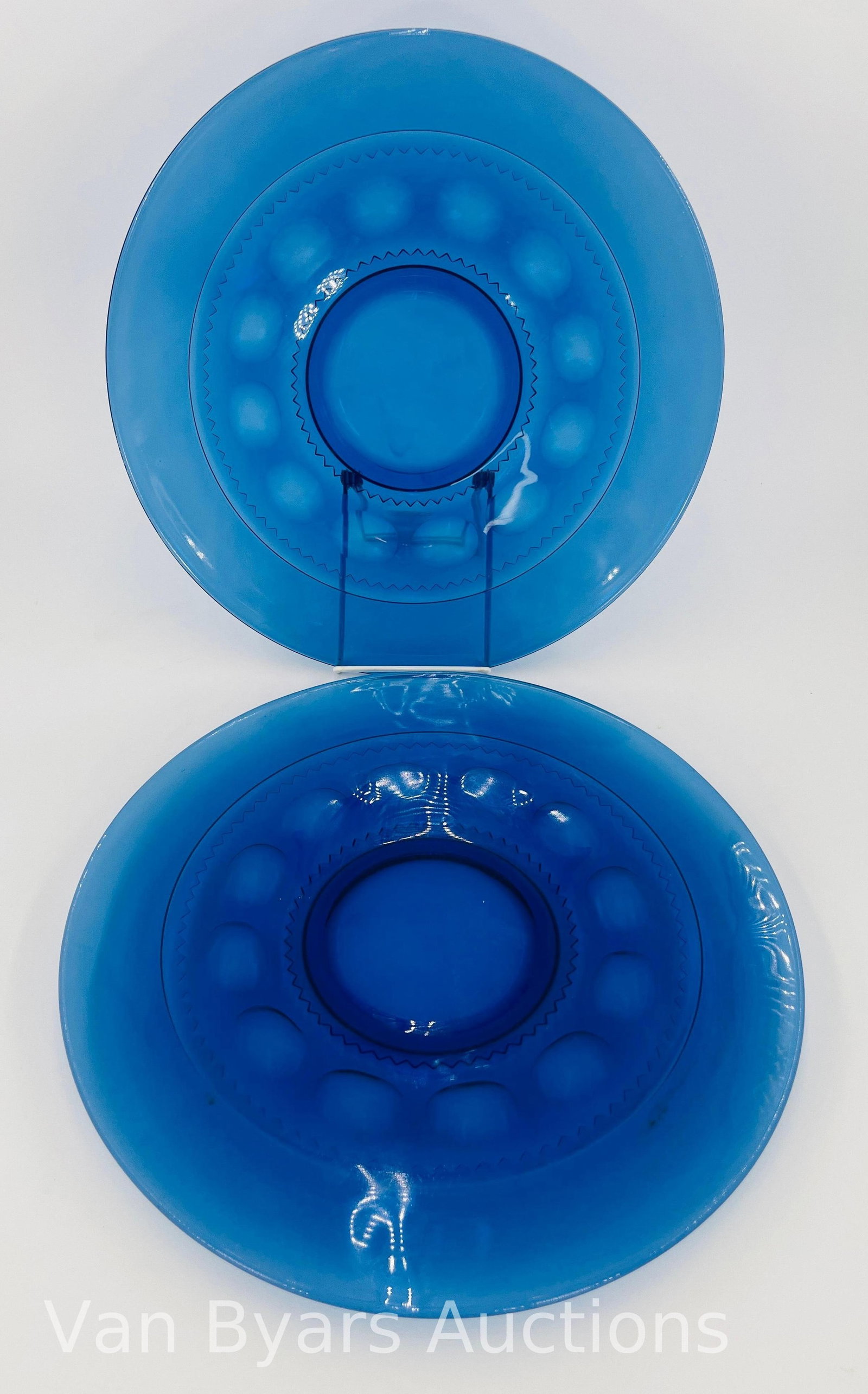 2 Tiara Indian Glass King's Crown Imperial Pattern Cobalt Blue Platters, INV. 2116: Approx. dia. 13 1/4".