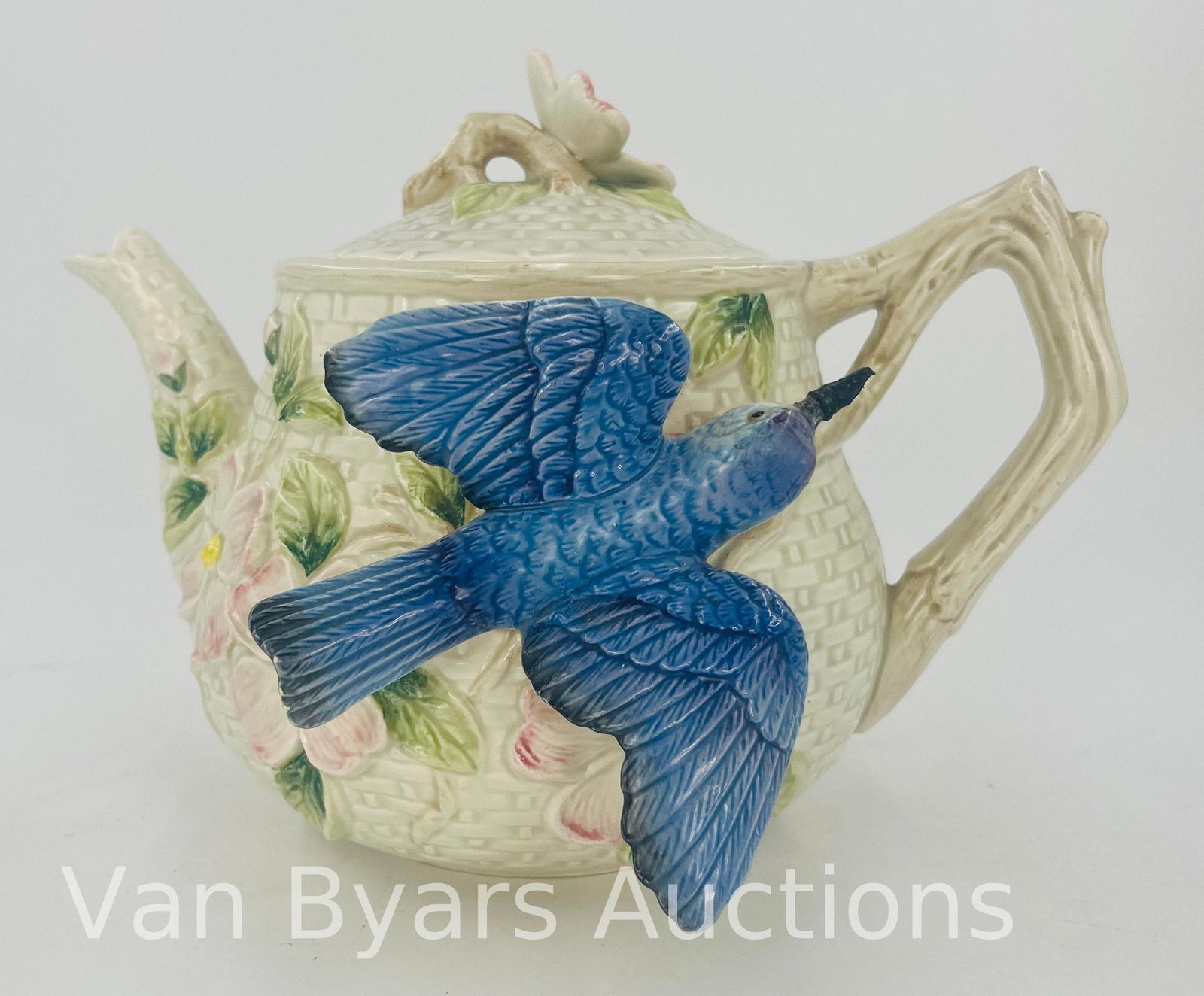 Fitz & Floyd Bluebirds, Woven Pattern, INV. 2120: Blue bird, Dogwood, woven design. Approx. height 7 1/8. With marking.