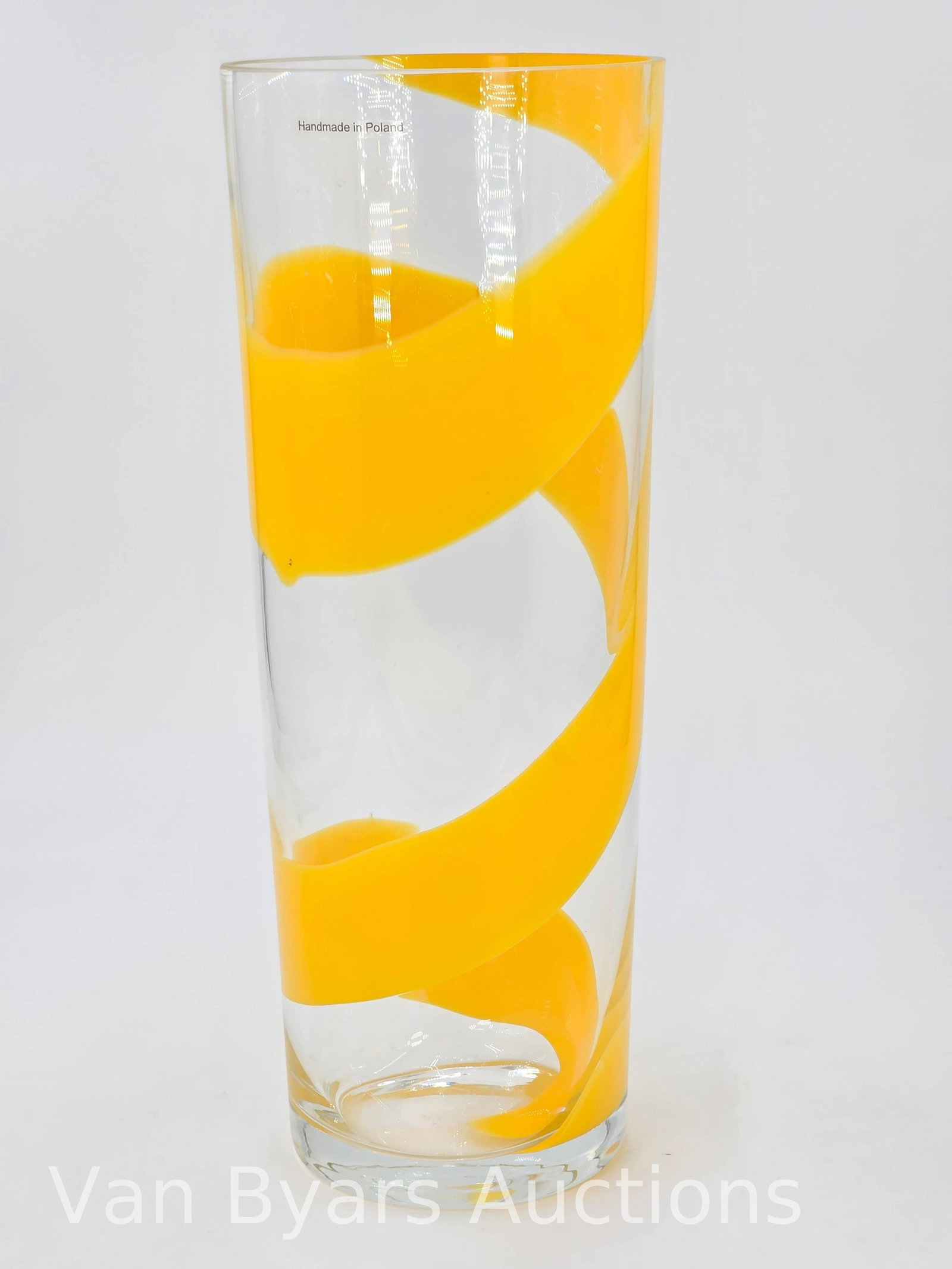 Polish Art Glass Vase, Yellow Swirl, INV. 2230: Approx. 10.825 x 5.5 x 5.5 inches.