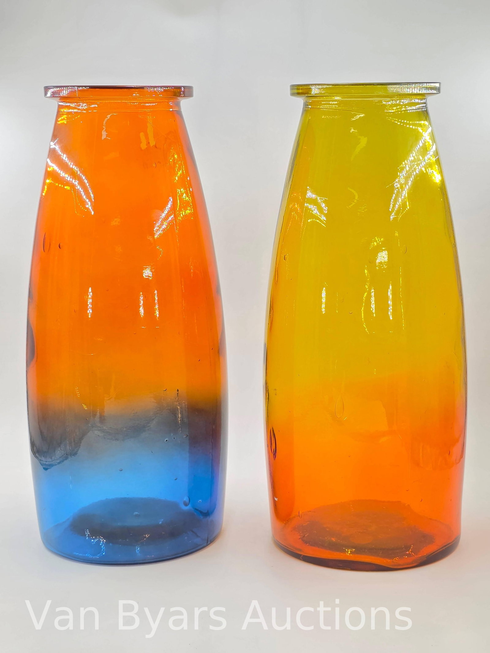 Blenko Style Floor Vases, Made in Spain, INV. 2234: Both approx. 17.625 x 8 x 8 inches.
