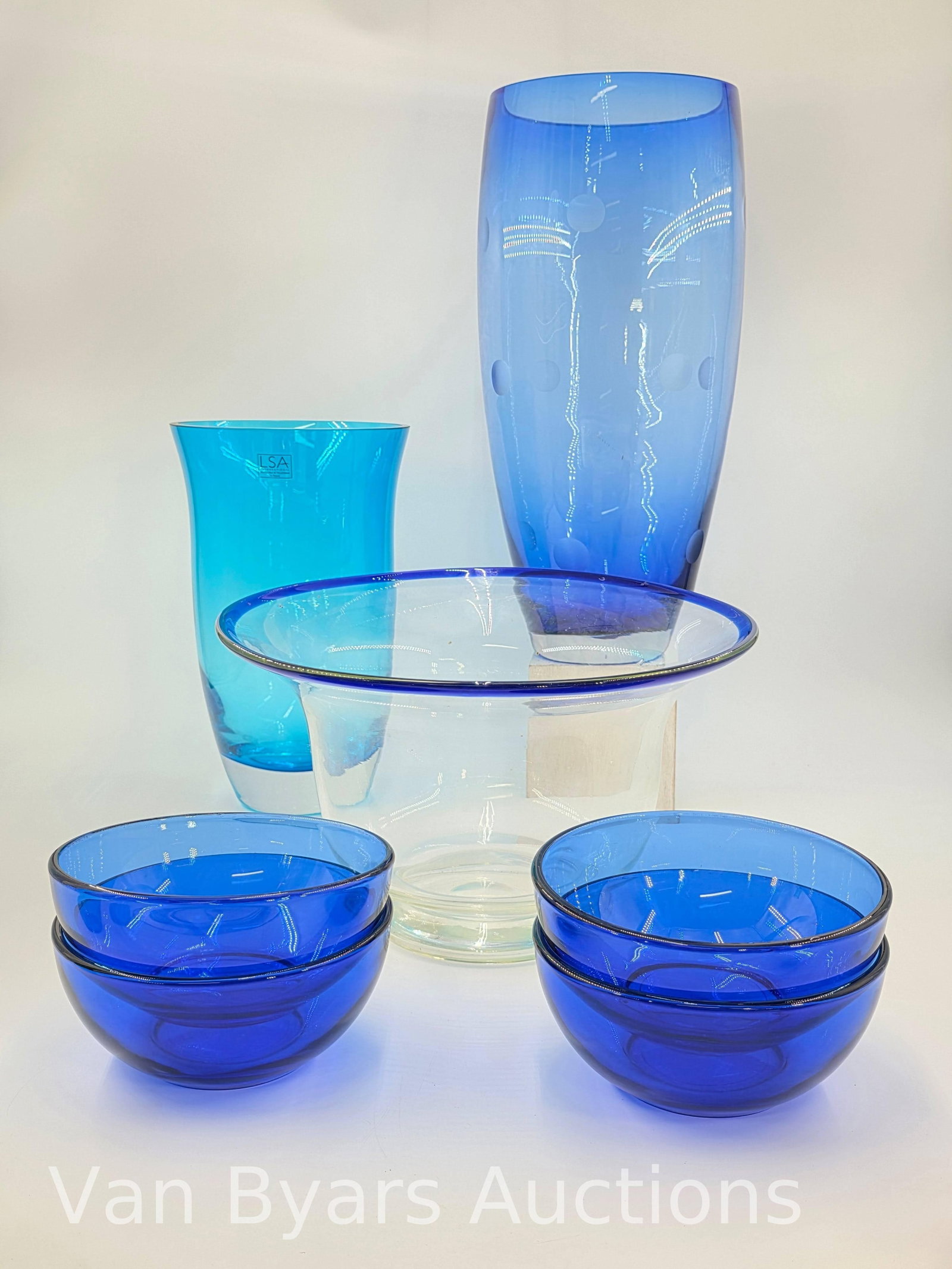 Assorted Blue Glass Items, 7 pieces, INV. 2235: Largest approx. 14.75 x 7 x 7 inches.