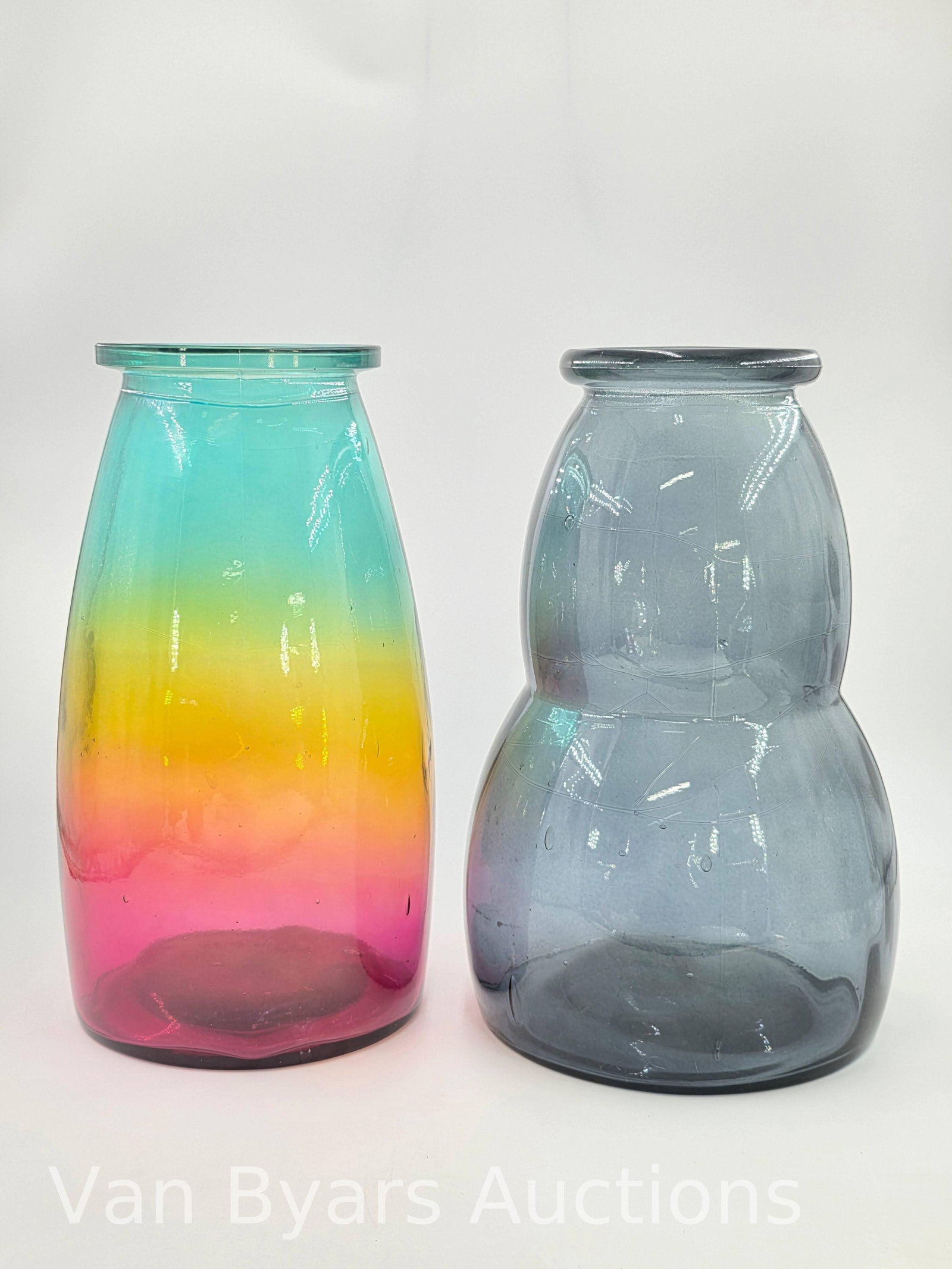 Blenko Style Amberina Floor Vases, Made in Spain, INV. 2236: Largest approx. 13.75 x 7.5 x 7.5 inches.