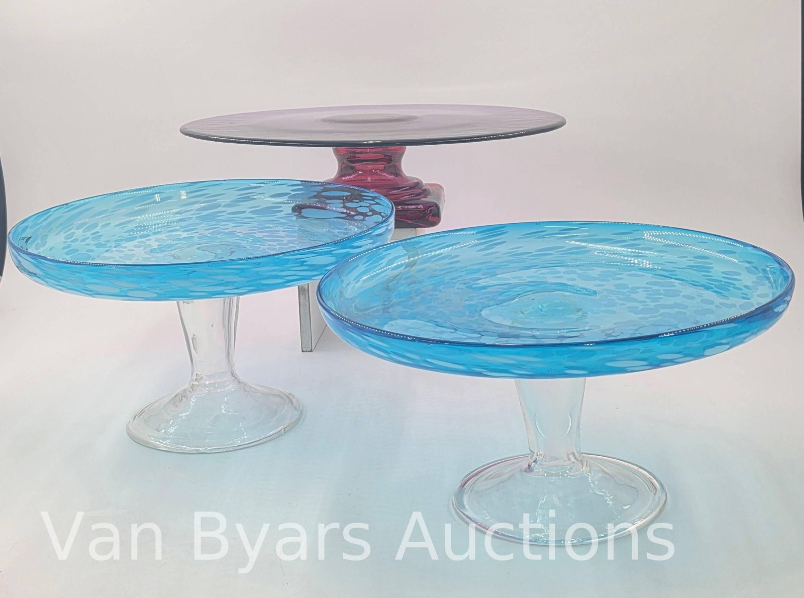 Assorted Glass Footed Platters, 3 pieces, INV. 2237: Largest 3.25 x 12.5 x 12.5 inches.