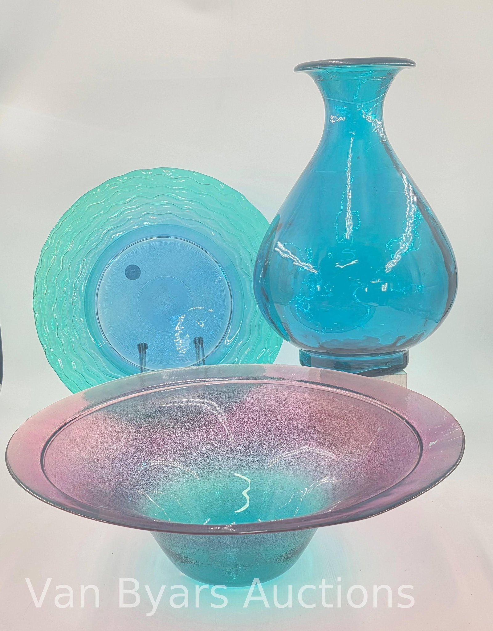 Assorted Glass Items, Made in Spain, 3 pieces, INV. 2238: Widest bowl 5 1/8 x 15 1/4 x 15 1/4 inches.