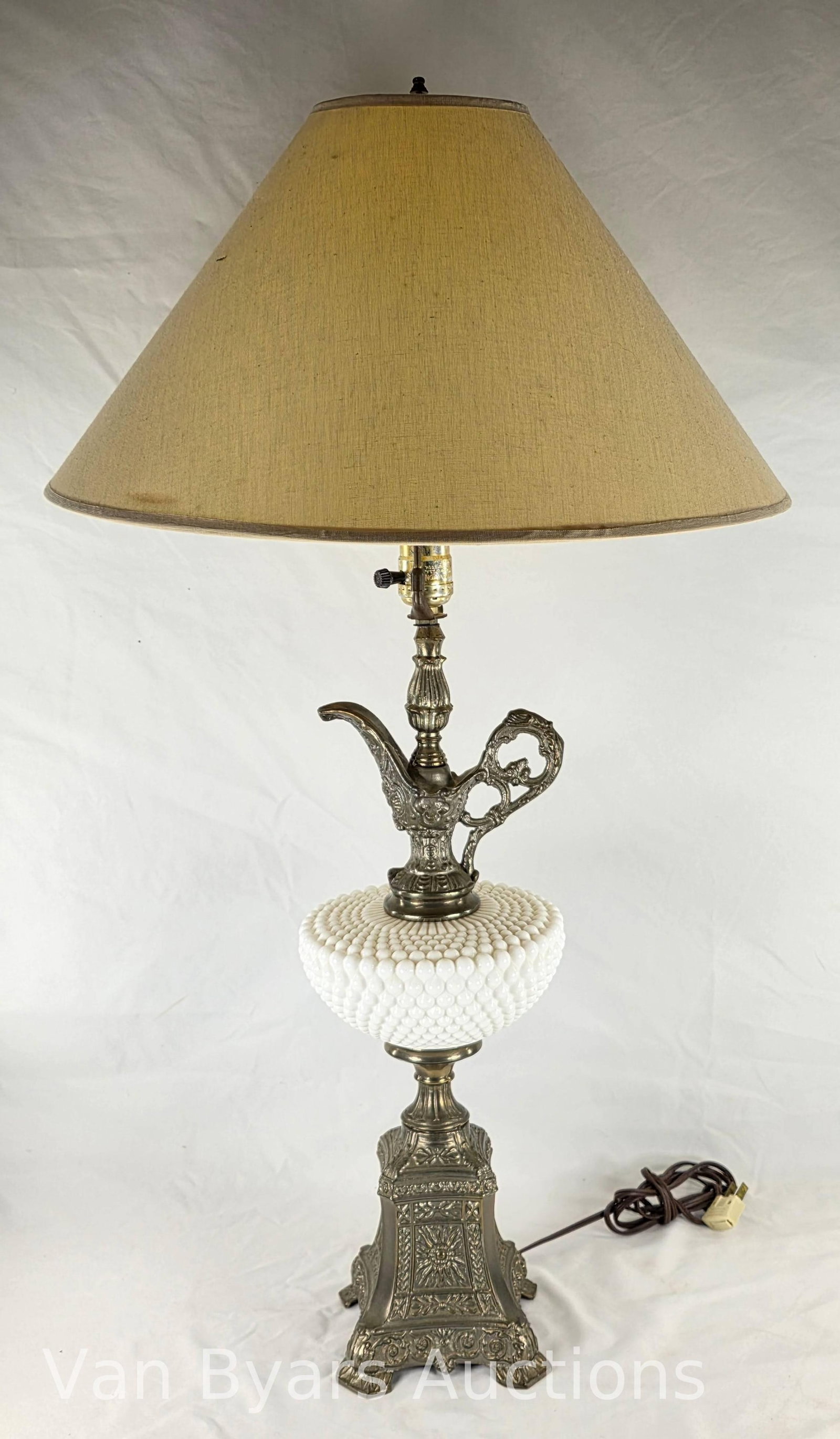 White Hobnail Milk Glass Lamp with Teapot-Shaped Top, INV. 2135: Approx. height to top of shade 31 1/2".